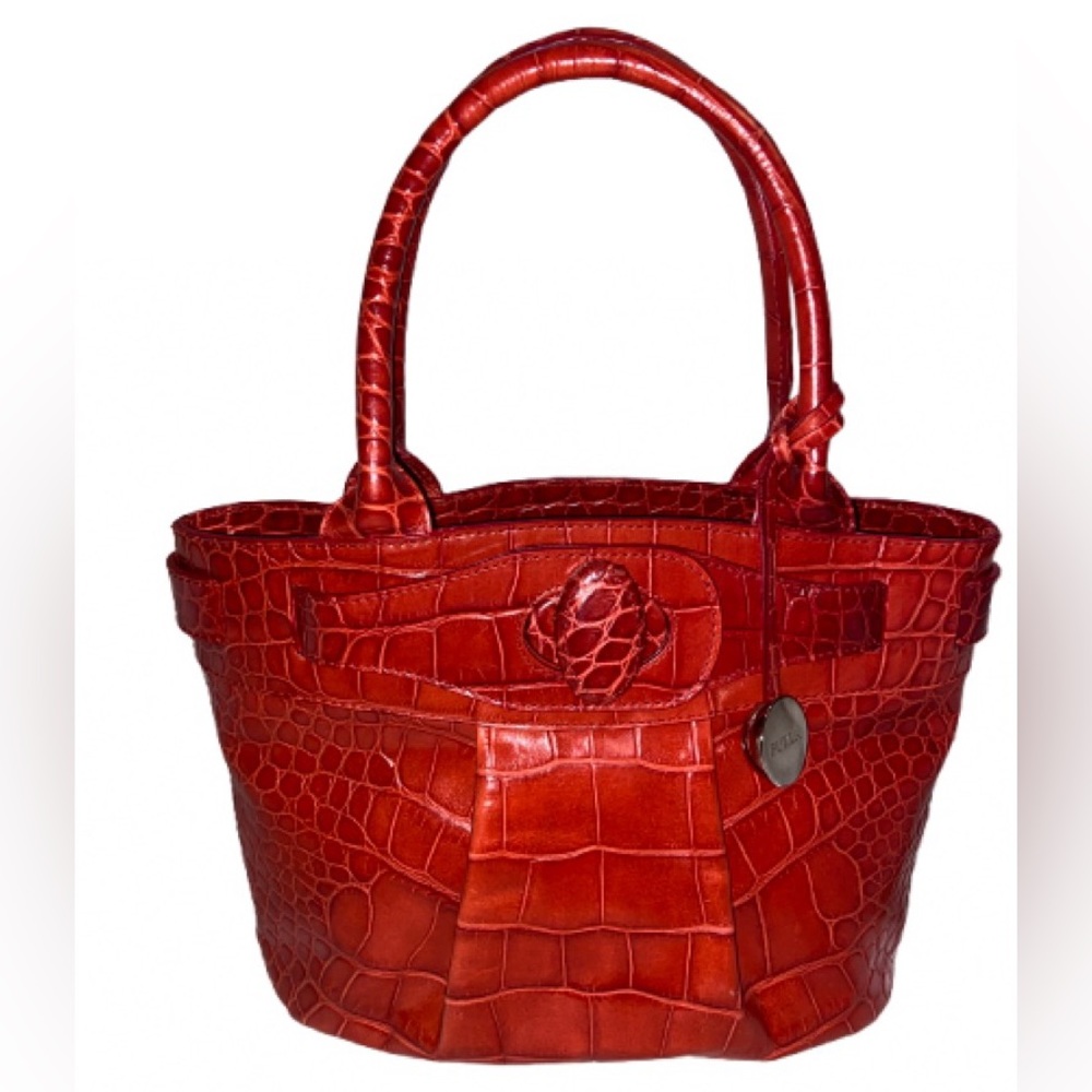 Furla Red Croc-Embossed Genuine Leather Tote Bag